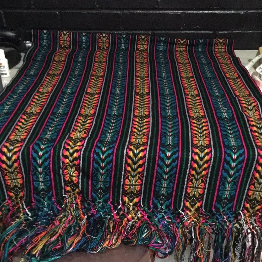 Black pink orange yellow blue green geometric blanket scarf with fringe